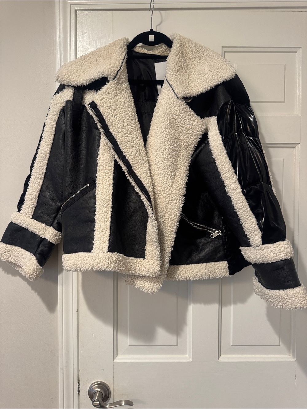 NVLT Black and Cream Faux Shearling Moto Puffer Jacket